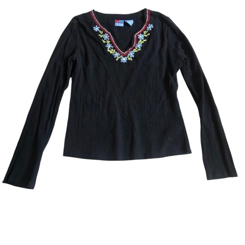 Roxy Embroidered Floral V-Neck Top Medium Black Cotton Gauze Boho Peasant Y2K
